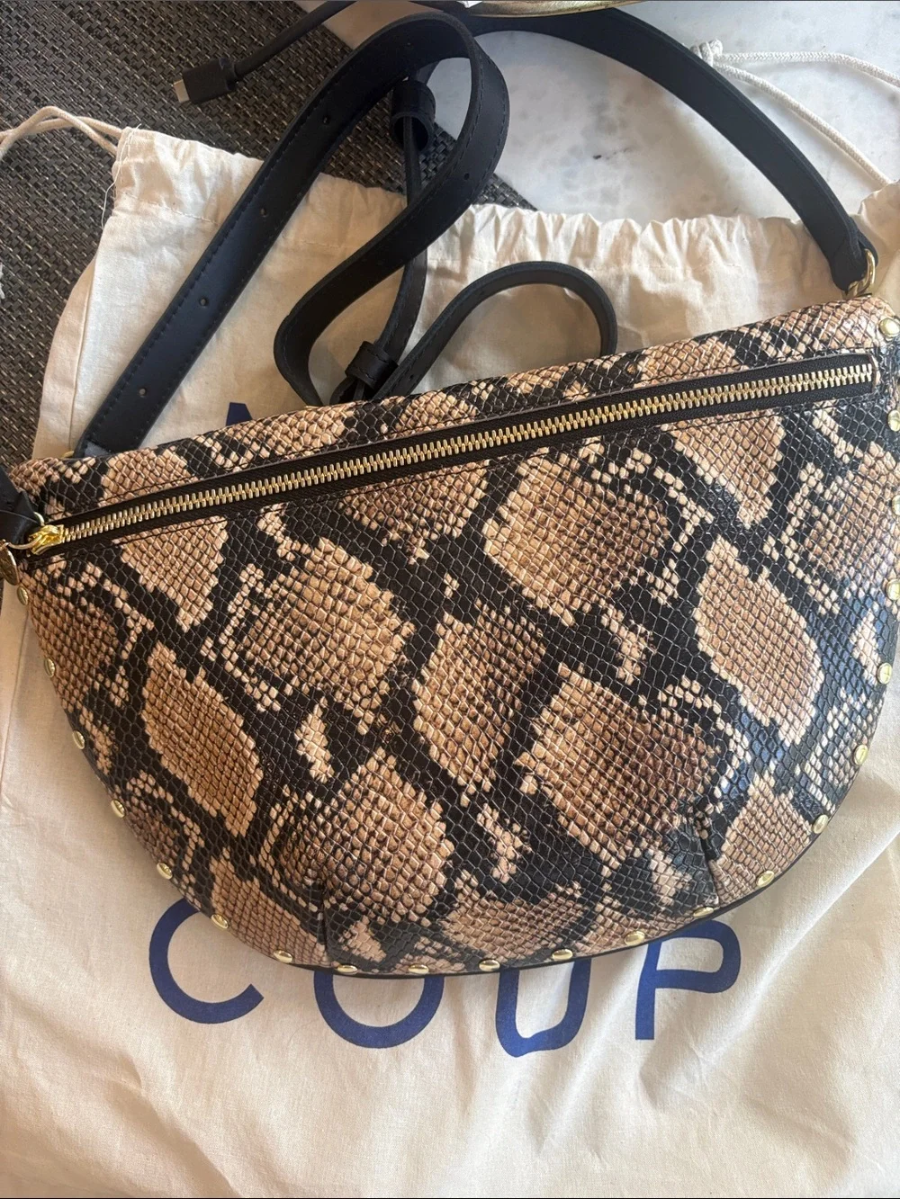 Clare V Grande Snake Print Half-Moon Crossbody Bag in Tan & Black